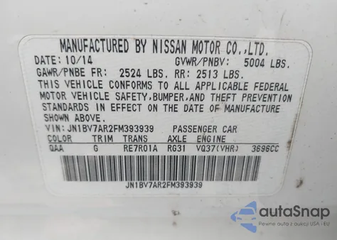 2015 Infiniti Q50 Premium from USA, damaged, VIN JN1BV7AR2FM393939